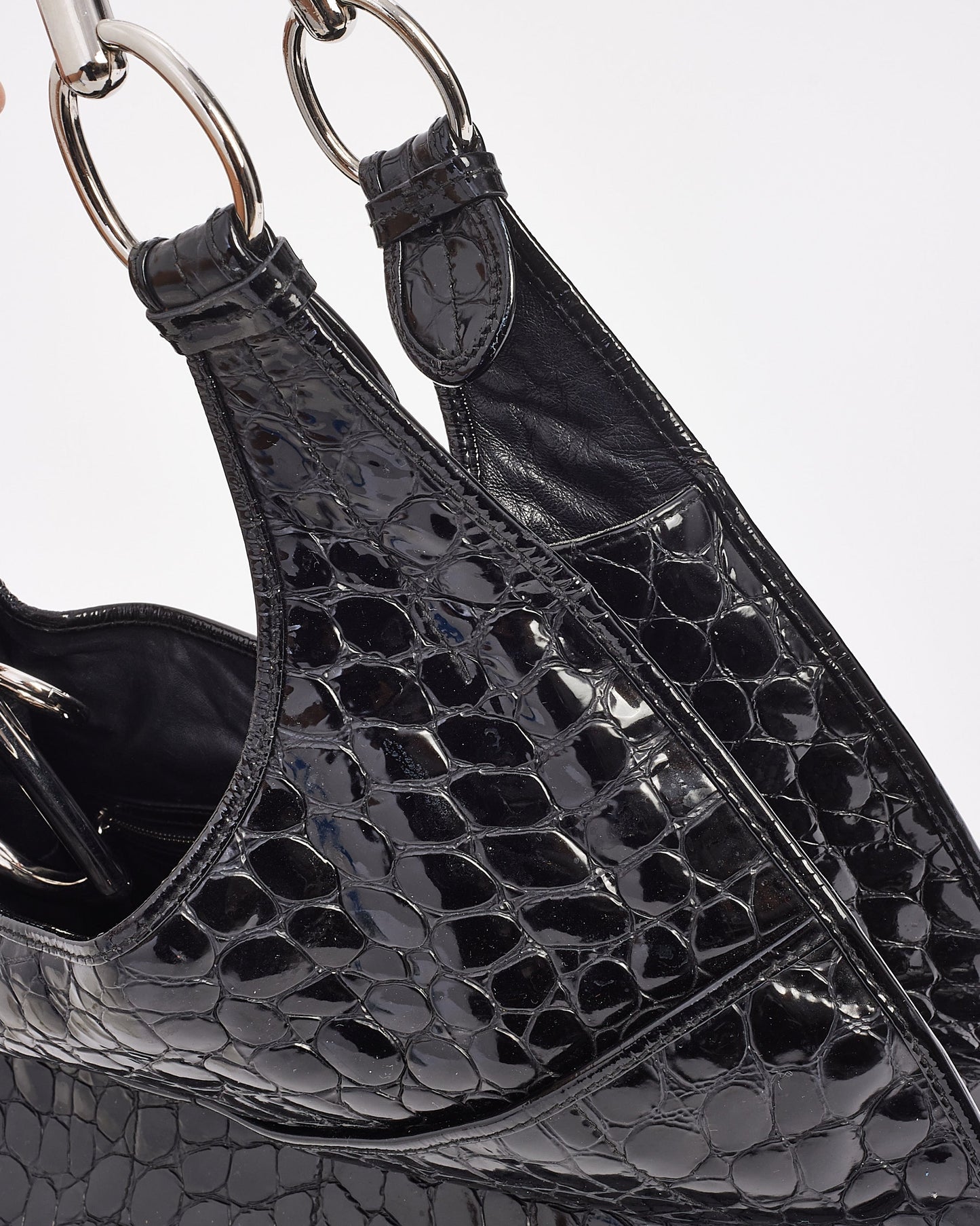 Dior Black Croc Embossed Patent Leather Hobo Bag