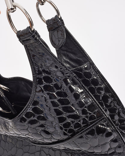 Dior Black Croc Embossed Patent Leather Hobo Bag
