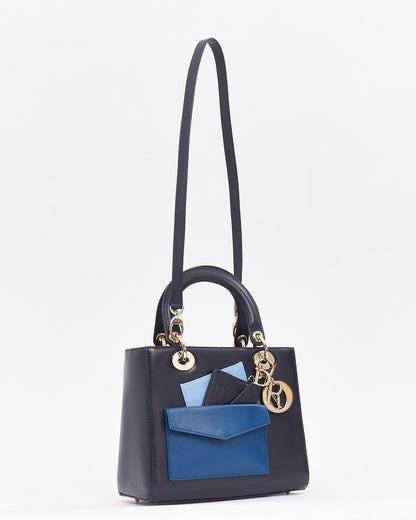 Dior Navy Leather Medium Lady Dior Pockets Top Handle Bag