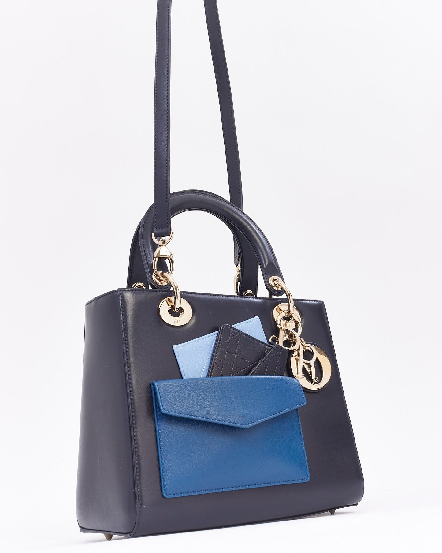 Dior Navy Leather Medium Lady Dior Pockets Top Handle Bag