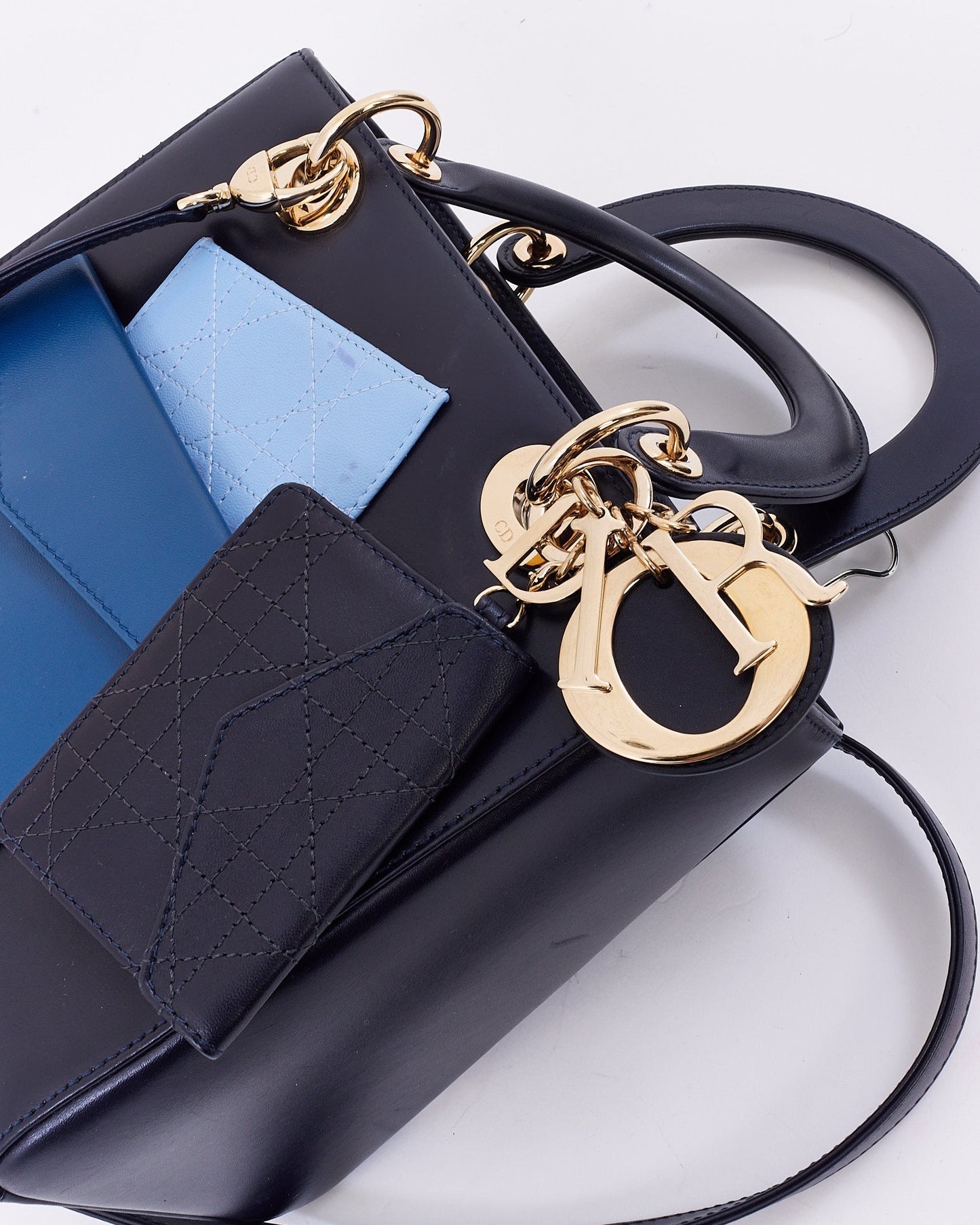 Dior Navy Leather Medium Lady Dior Pockets Top Handle Bag