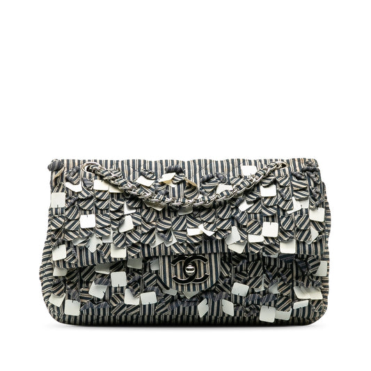 Blue Chanel Medium Cotton Striped Double Flap Shoulder Bag