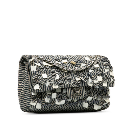 Blue Chanel Medium Cotton Striped Double Flap Shoulder Bag