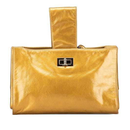 Gold Chanel Metallic Patent Mademoiselle Lock Convertible Wrist Clutch Bag