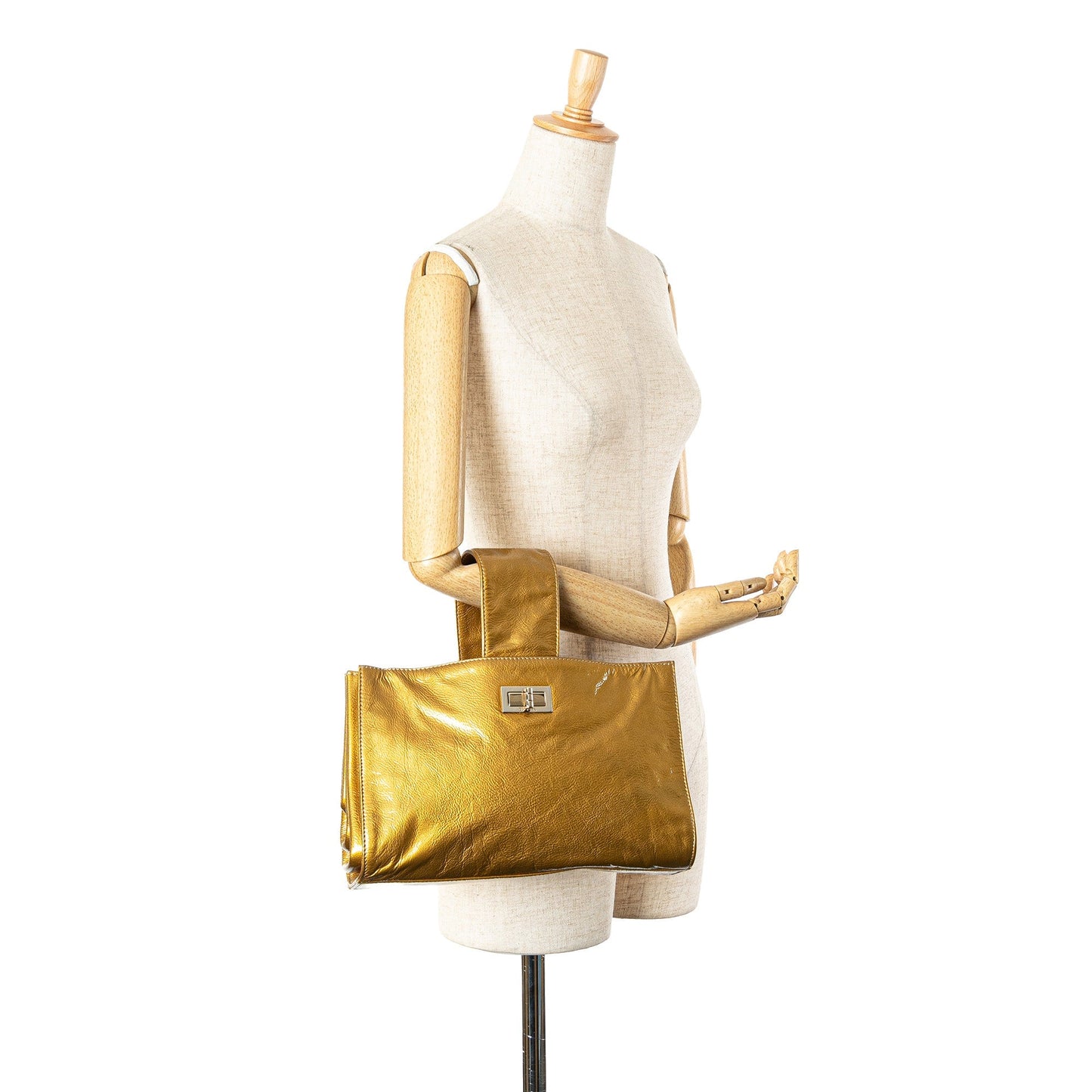 Gold Chanel Metallic Patent Mademoiselle Lock Convertible Wrist Clutch Bag