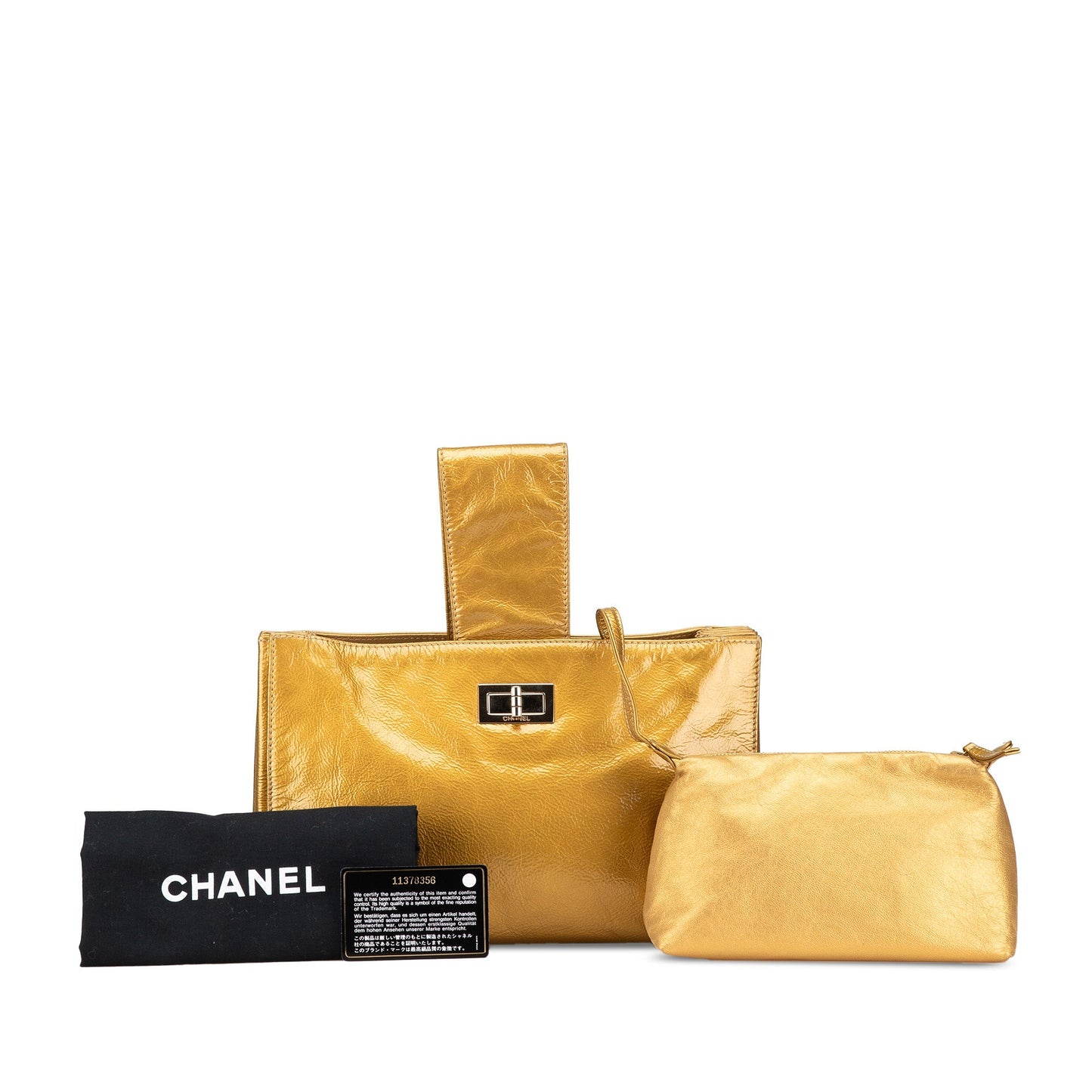 Gold Chanel Metallic Patent Mademoiselle Lock Convertible Wrist Clutch Bag