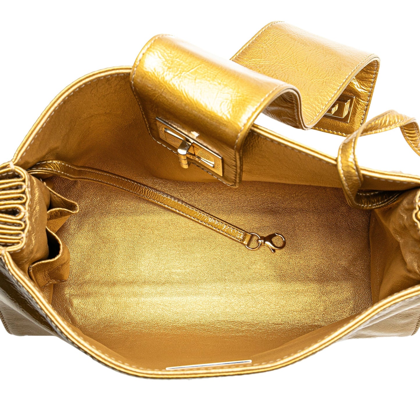 Gold Chanel Metallic Patent Mademoiselle Lock Convertible Wrist Clutch Bag