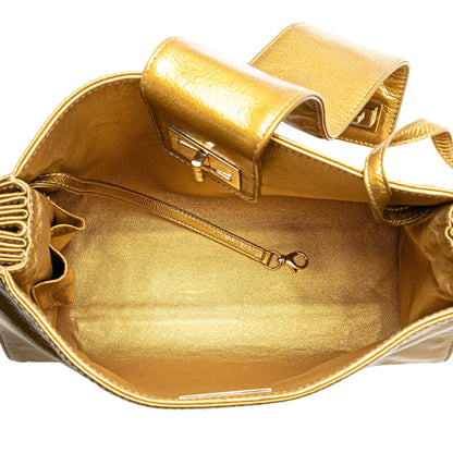 Gold Chanel Metallic Patent Mademoiselle Lock Convertible Wrist Clutch Bag