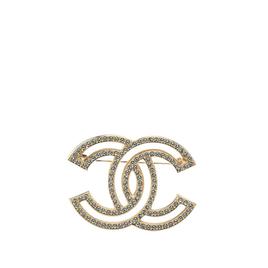 Gold Chanel Gold Plated CC Rhinestone Brooch