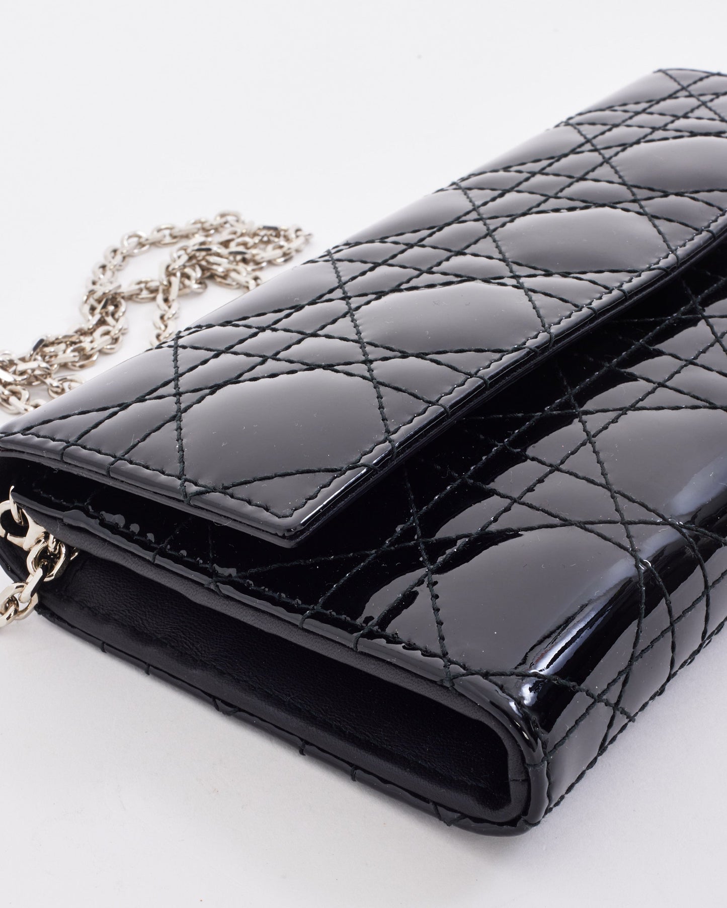 Dior Black Patent Leather Lady Dior Wallet on Chain