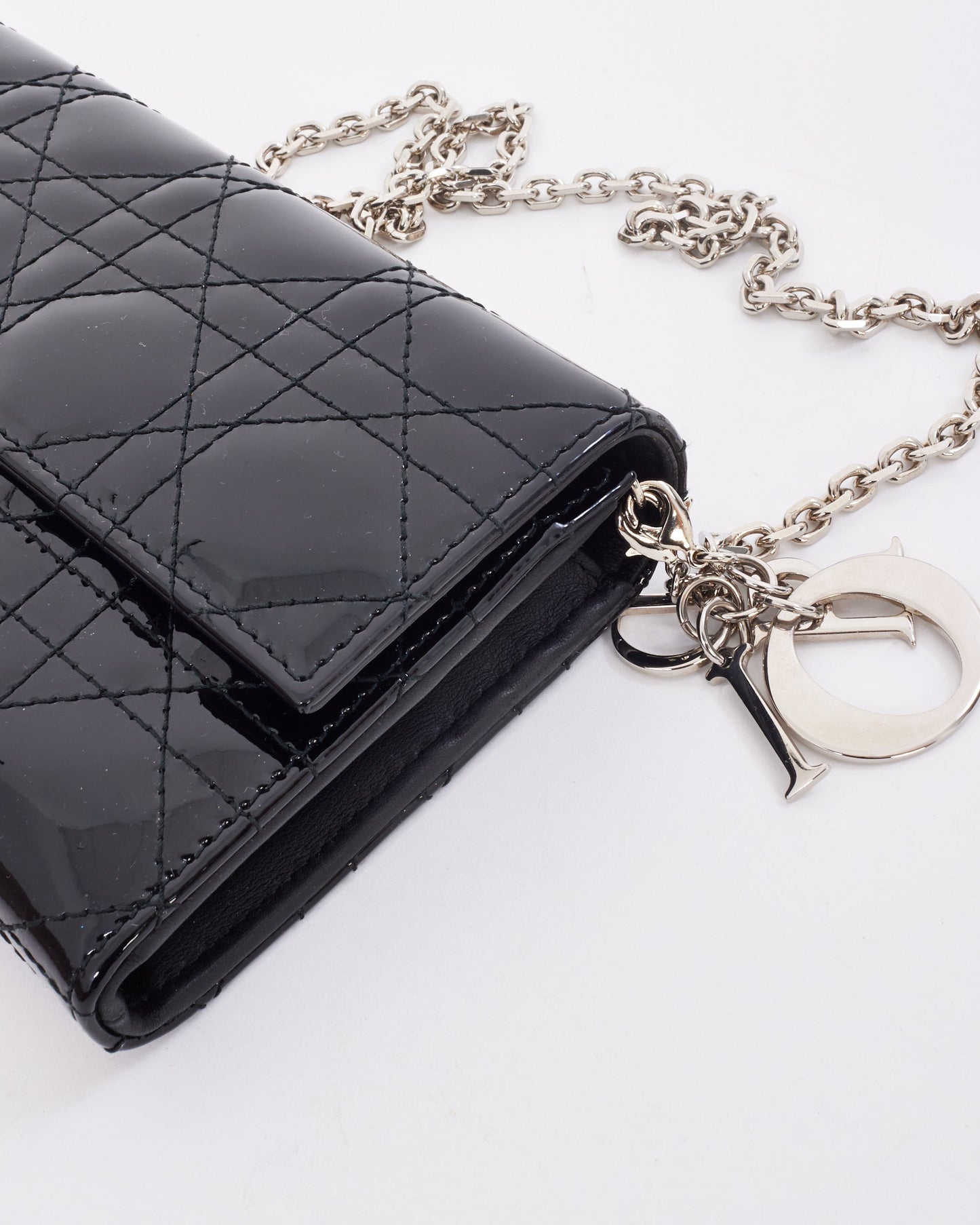Dior Black Patent Leather Lady Dior Wallet on Chain