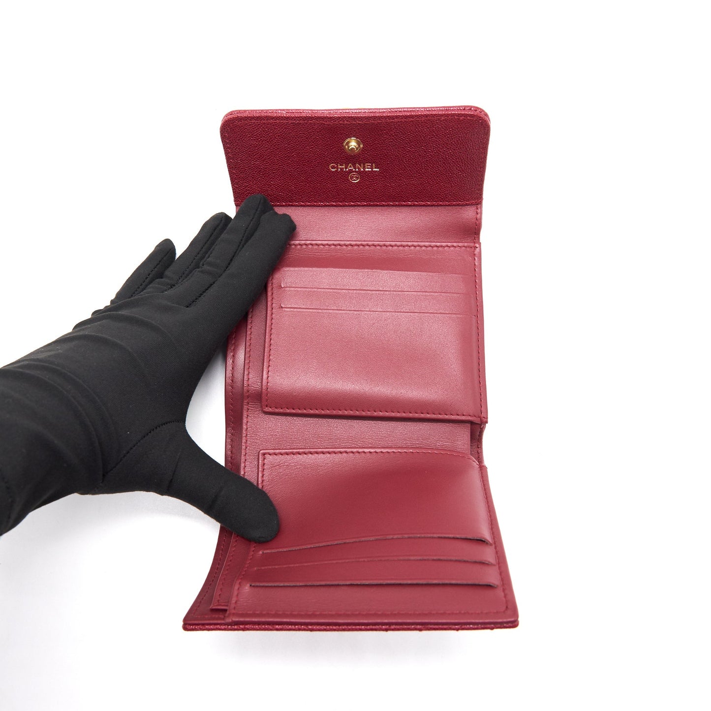 Chanel Caviar Chevron Quilted Boy Compact Wallet Red