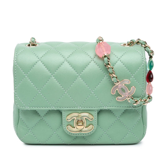 Green Chanel Mini Square Lambskin Candy Hearts Flap Crossbody Bag