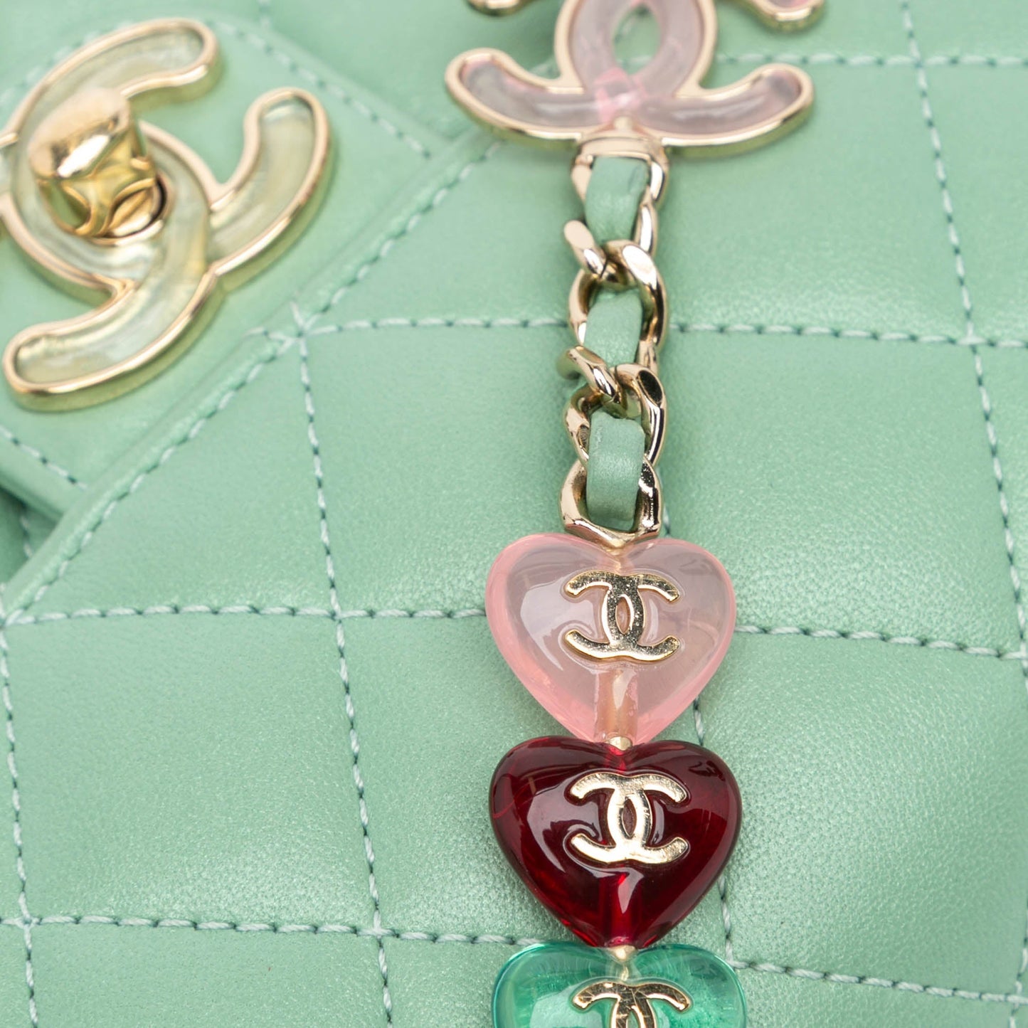 Green Chanel Mini Square Lambskin Candy Hearts Flap Crossbody Bag