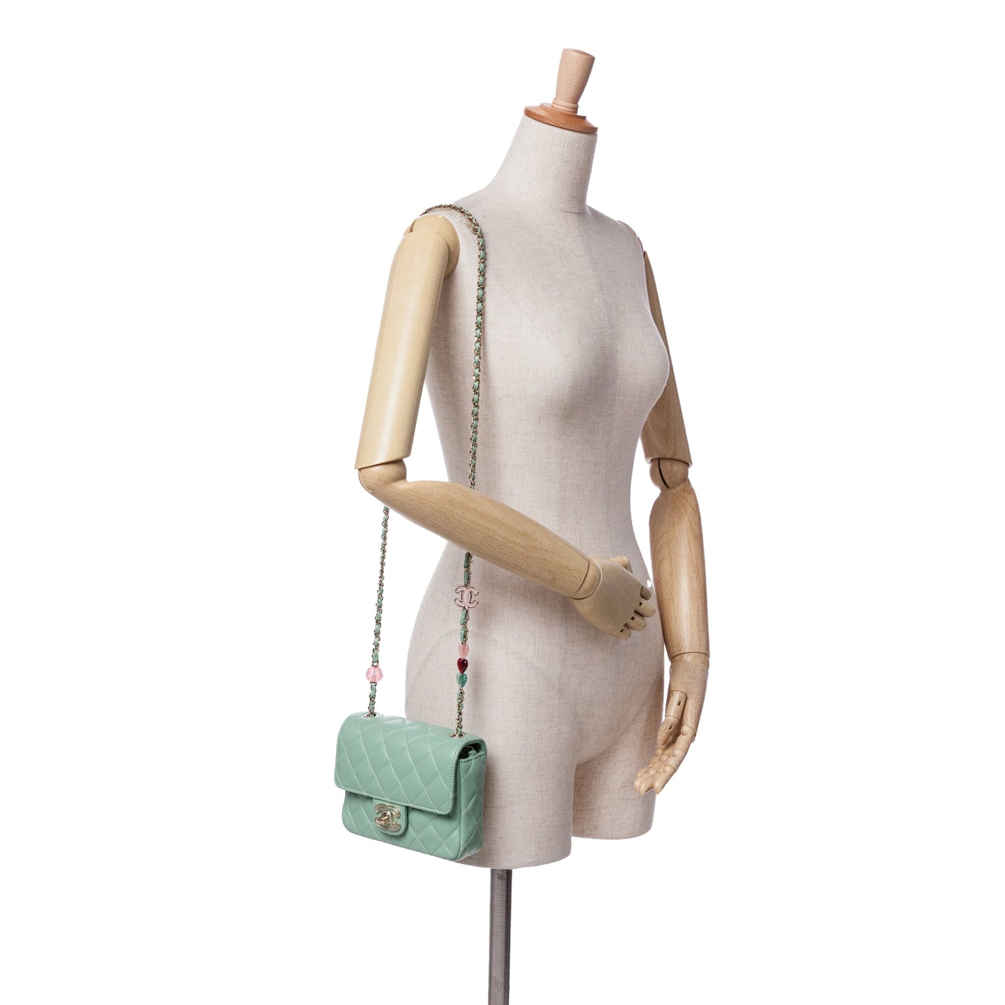 Green Chanel Mini Square Lambskin Candy Hearts Flap Crossbody Bag