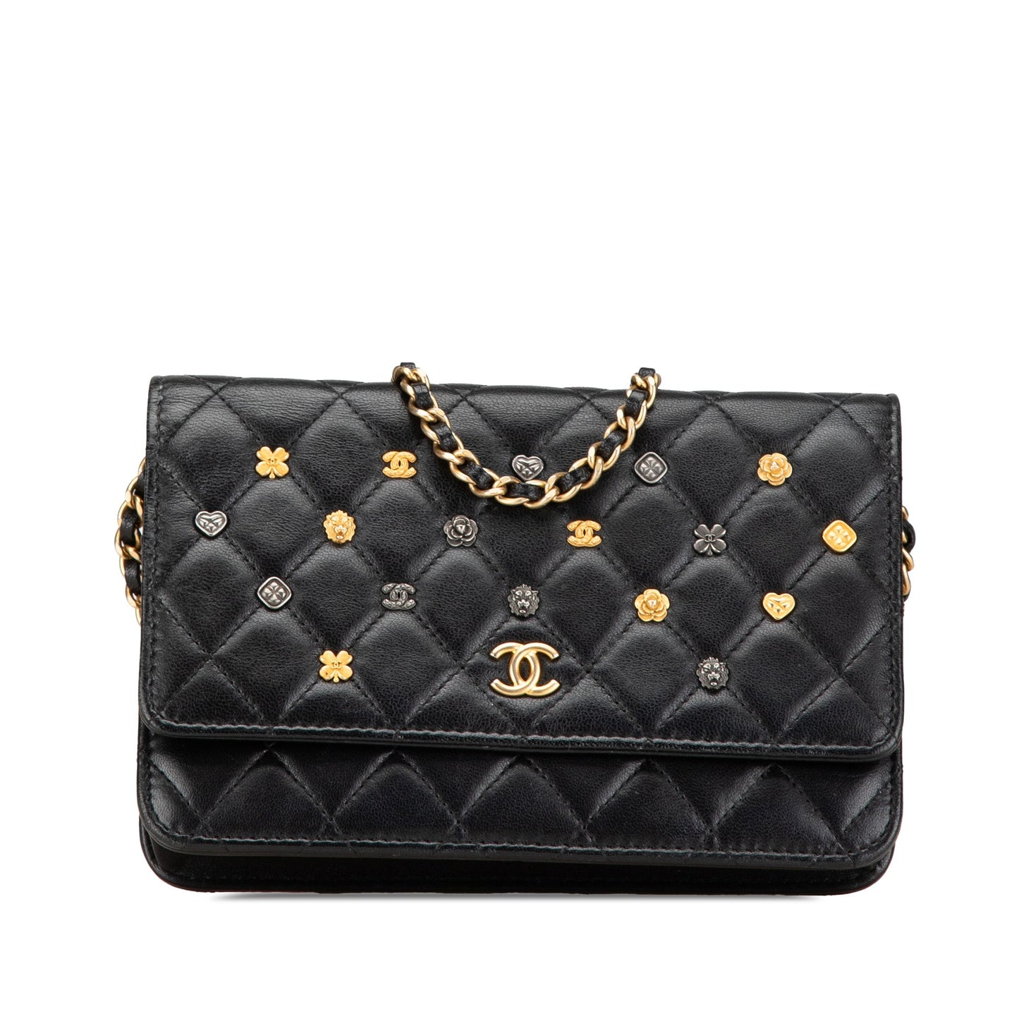 Black Chanel Quilted Studded Lambskin 18K Lucky Charms Wallet On Chain Crossbody Bag