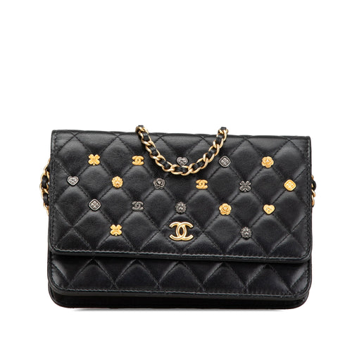 Black Chanel Quilted Studded Lambskin 18K Lucky Charms Wallet On Chain Crossbody Bag