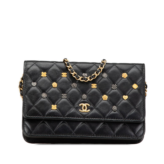 Black Chanel Quilted Studded Lambskin 18K Lucky Charms Wallet On Chain Crossbody Bag
