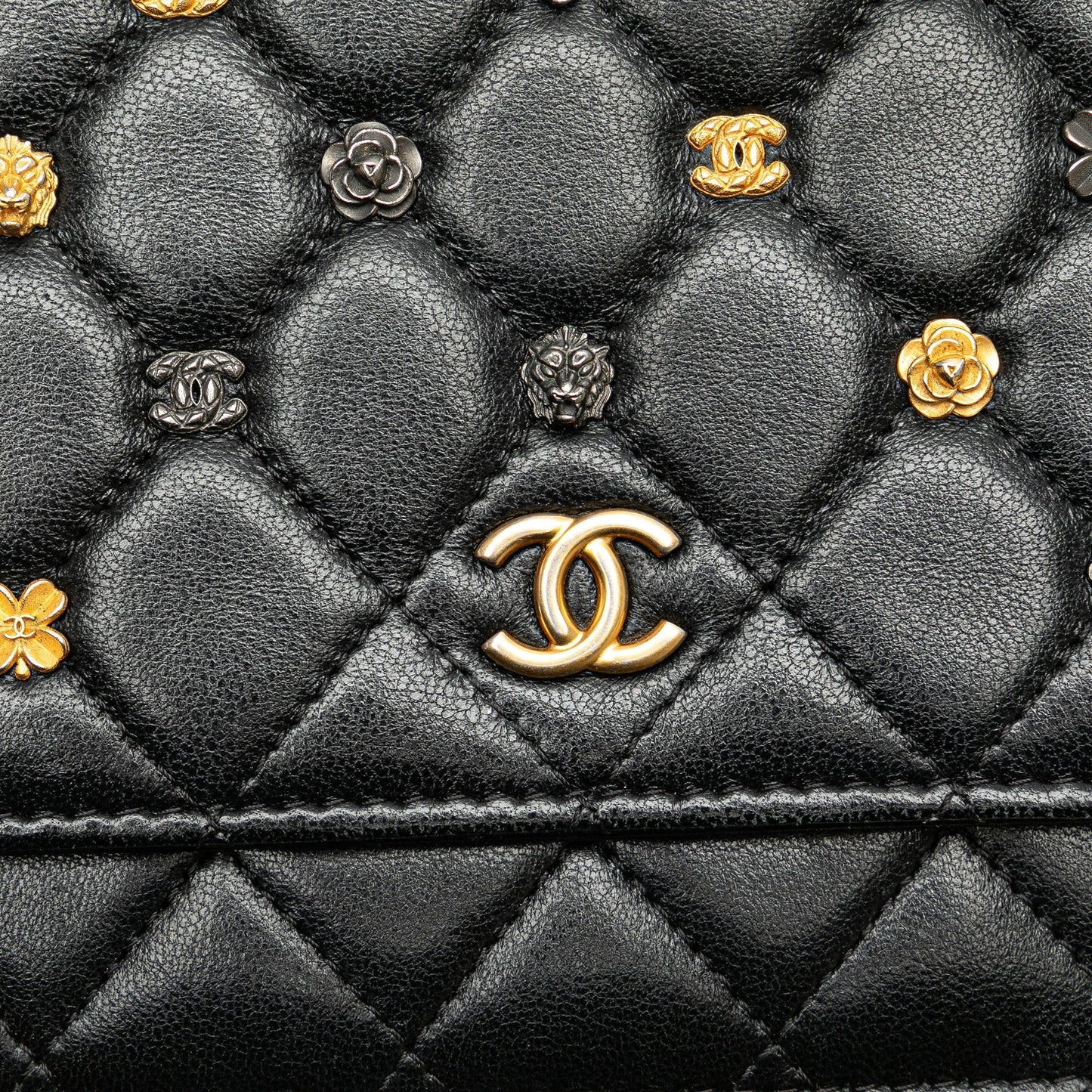 Black Chanel Quilted Studded Lambskin 18K Lucky Charms Wallet On Chain Crossbody Bag