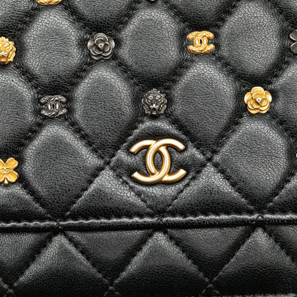 Black Chanel Quilted Studded Lambskin 18K Lucky Charms Wallet On Chain Crossbody Bag