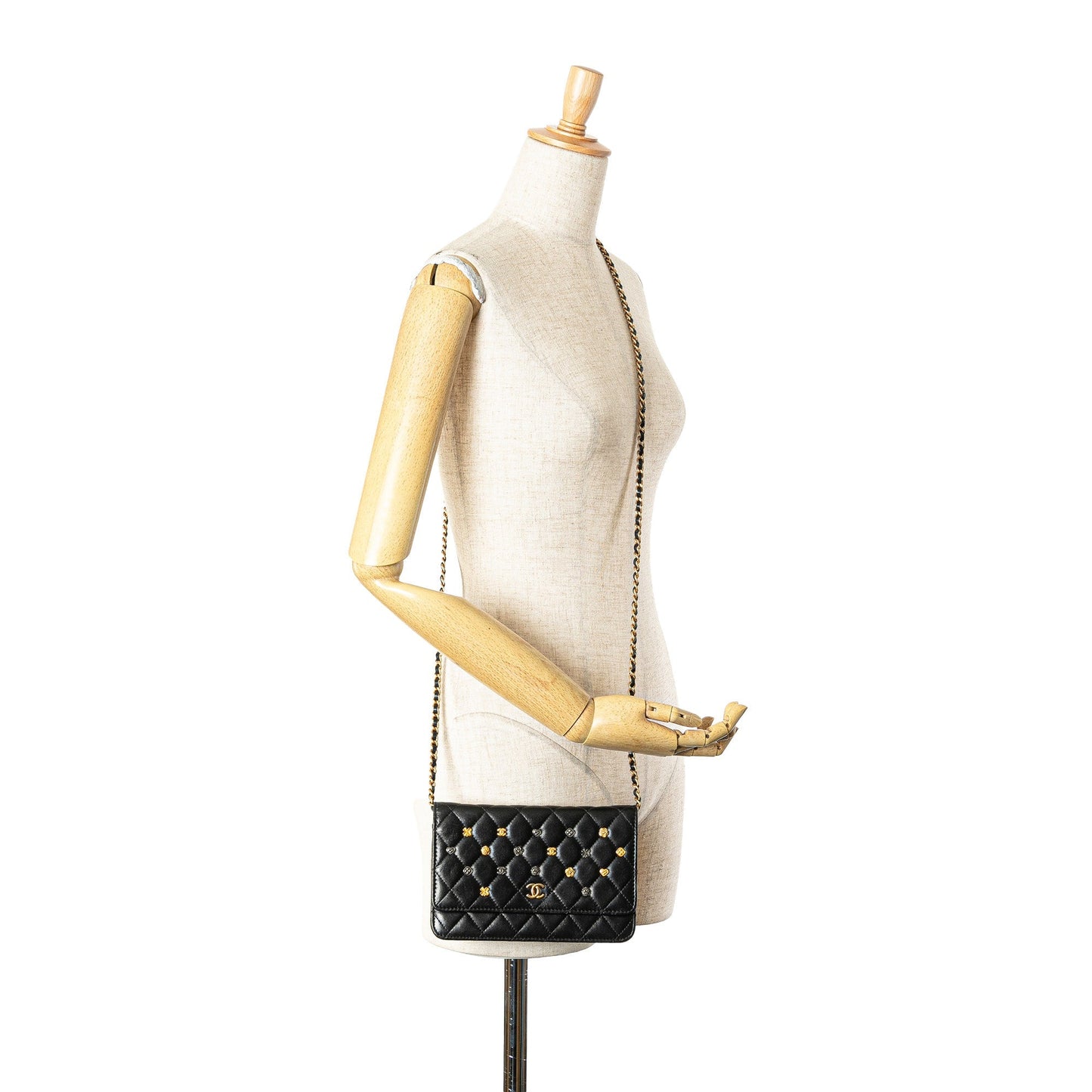 Black Chanel Quilted Studded Lambskin 18K Lucky Charms Wallet On Chain Crossbody Bag