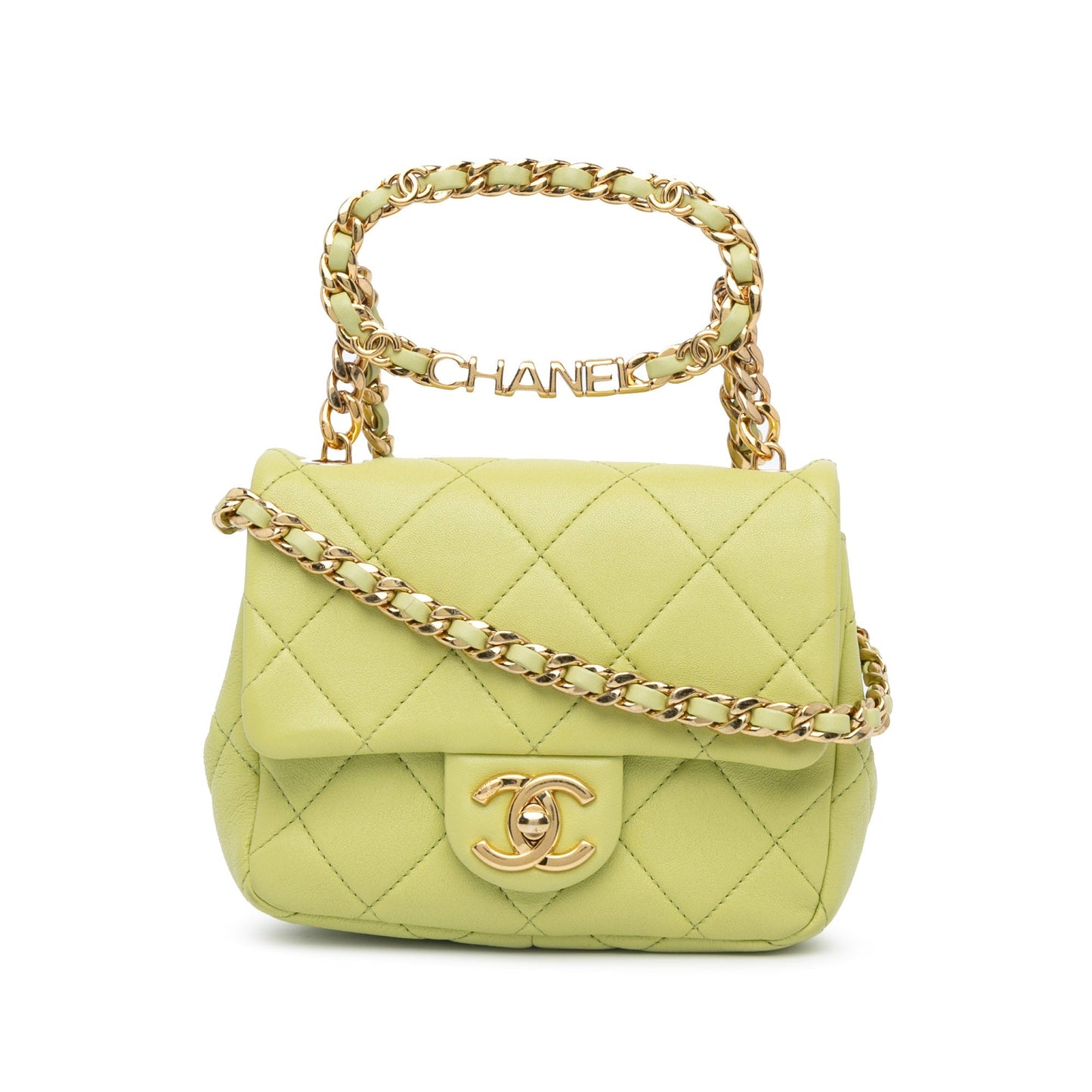 Green Chanel Mini Quilted Lambskin Oval Logo Chain Top Handle Flap Crossbody Bag
