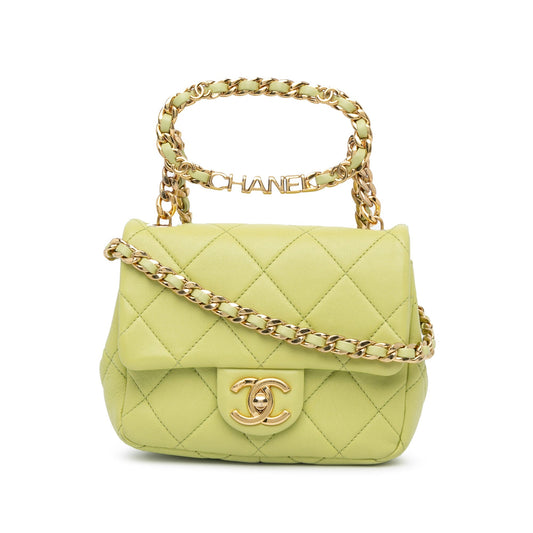 Green Chanel Mini Quilted Lambskin Oval Logo Chain Top Handle Flap Crossbody Bag