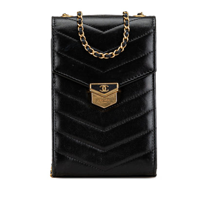 Black Chanel Calfskin CC Chevron Medal Envelope Vertical Clutch With Chain Crossbody Bag