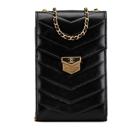 Black Chanel Calfskin CC Chevron Medal Envelope Vertical Clutch With Chain Crossbody Bag