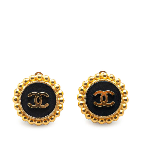 Gold Chanel Gold Plated Acrylic CC Button Clip On Earrings