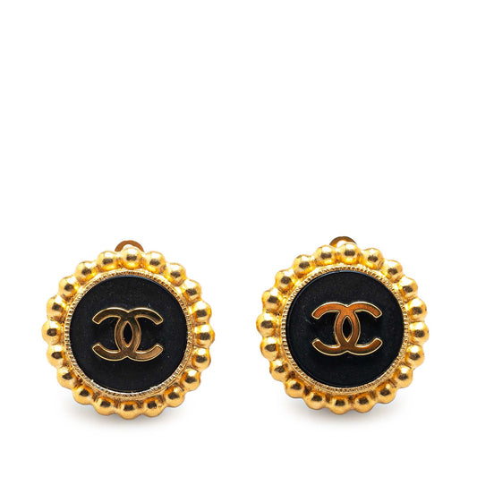 Gold Chanel Gold Plated Acrylic CC Button Clip On Earrings