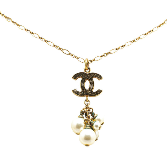 Gold Chanel Gold Plated CC Faux Pearl Pendant Necklace