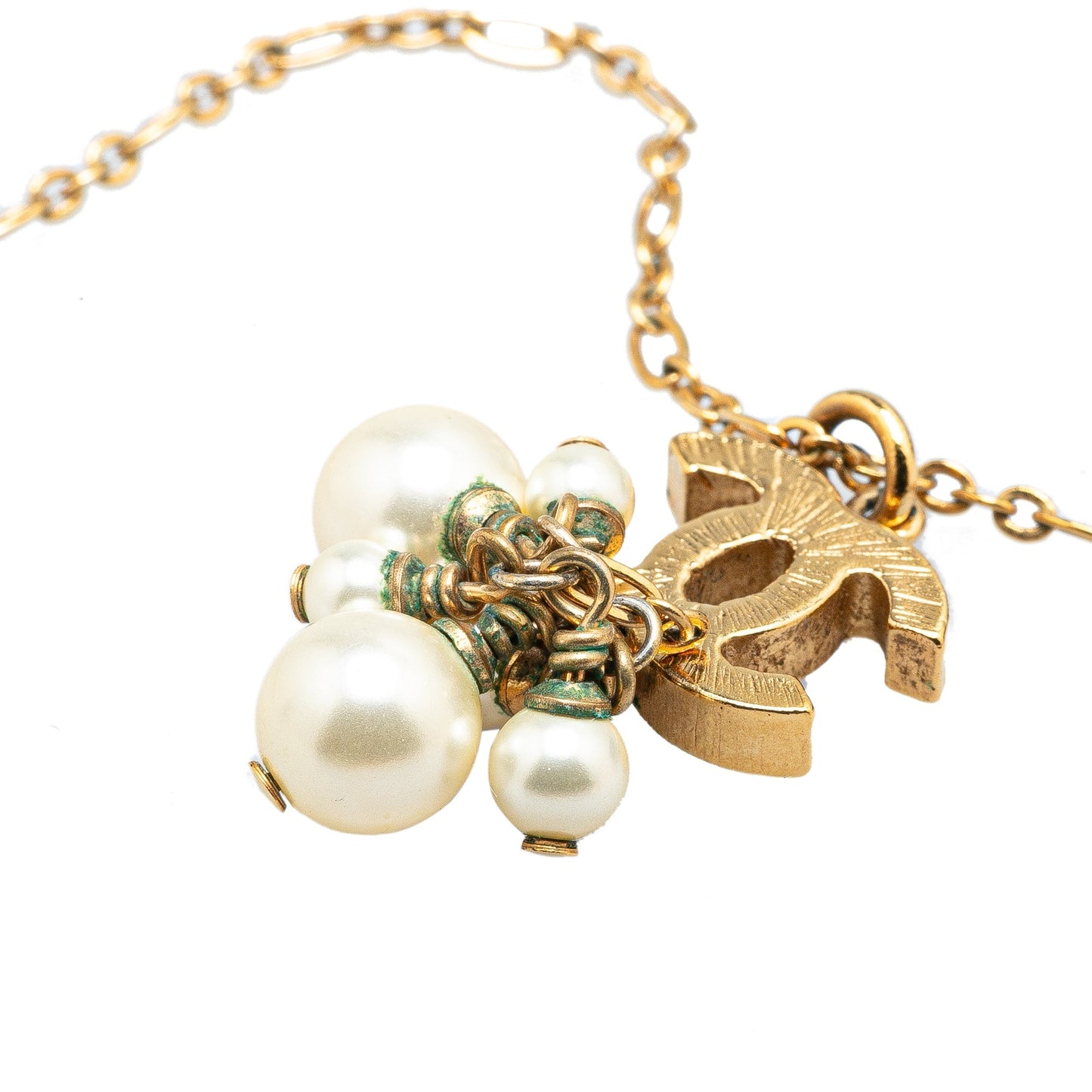 Gold Chanel Gold Plated CC Faux Pearl Pendant Necklace