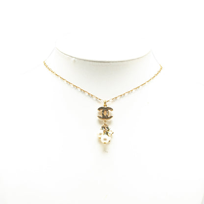 Gold Chanel Gold Plated CC Faux Pearl Pendant Necklace