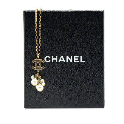 Gold Chanel Gold Plated CC Faux Pearl Pendant Necklace