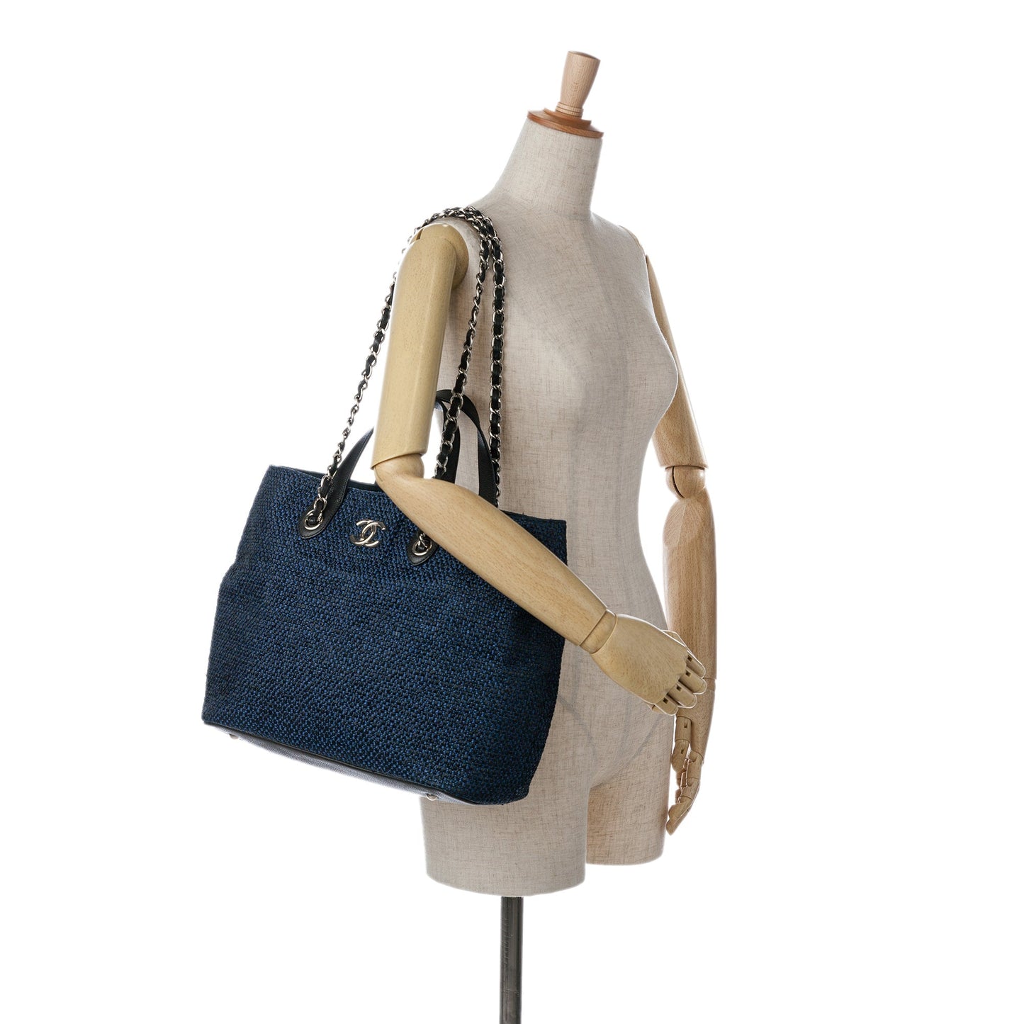Blue Chanel CC Straw and Caviar Drawstring Shopping Tote Satchel