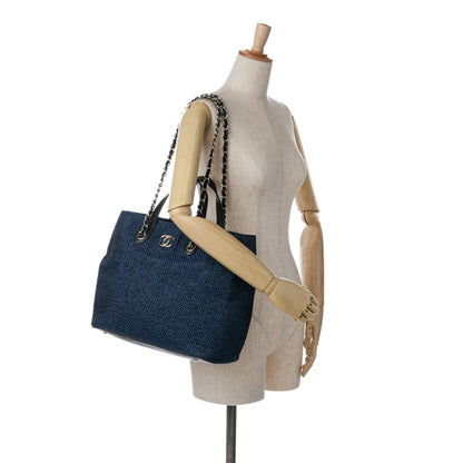 Blue Chanel CC Straw and Caviar Drawstring Shopping Tote Satchel