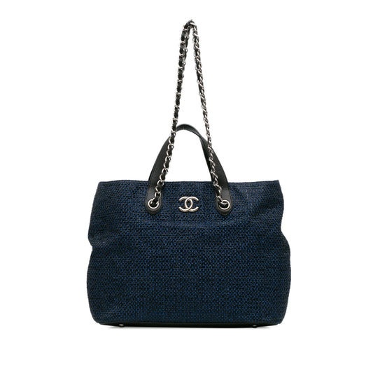 Blue Chanel CC Straw and Caviar Drawstring Shopping Tote Satchel