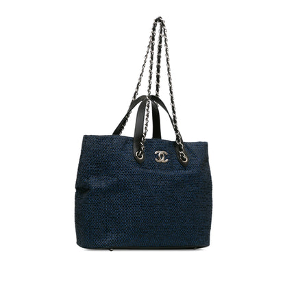 Blue Chanel CC Straw and Caviar Drawstring Shopping Tote Satchel