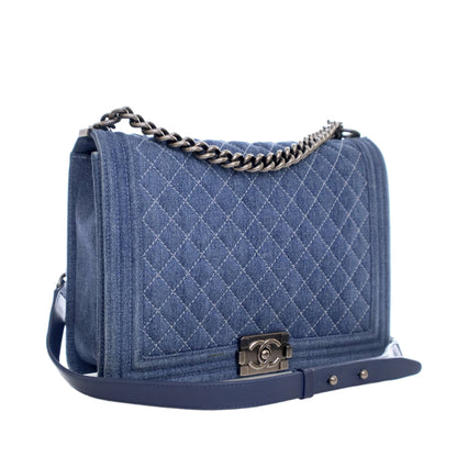 Blue Chanel XL Quilted Denim Boy Flap Crossbody Bag