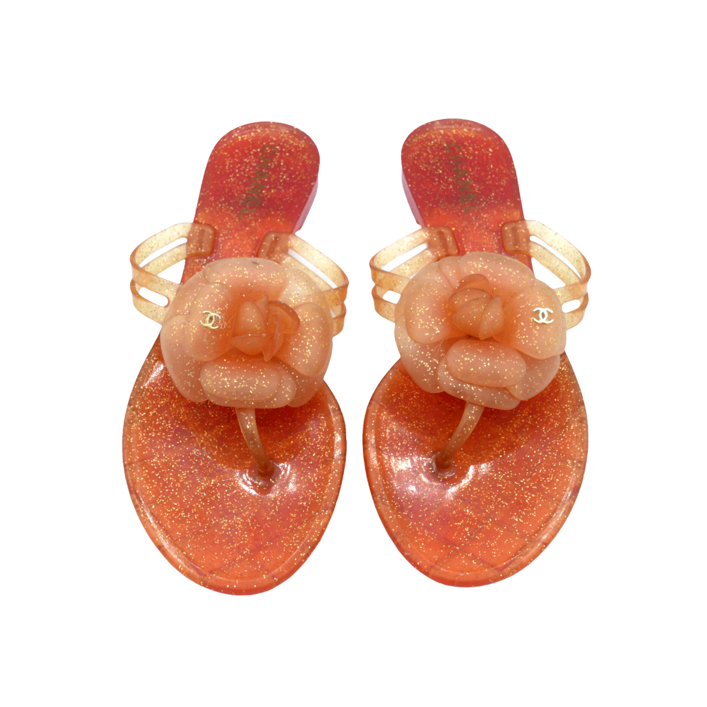 Chanel orange camellias T-bar sandals - 37