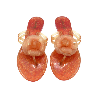 Chanel orange camellias T-bar sandals - 37