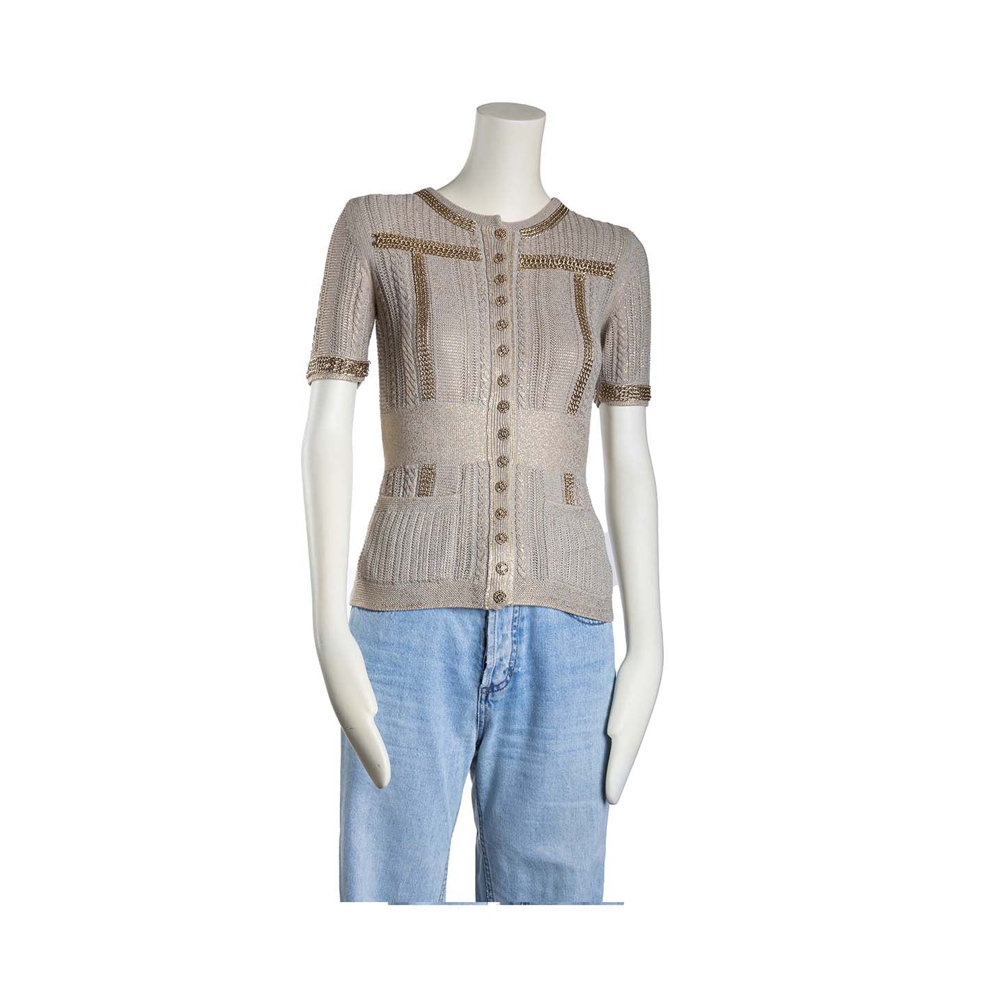 Chanel short-sleeved buttoned cardigan in beige knit - XS - 2000s