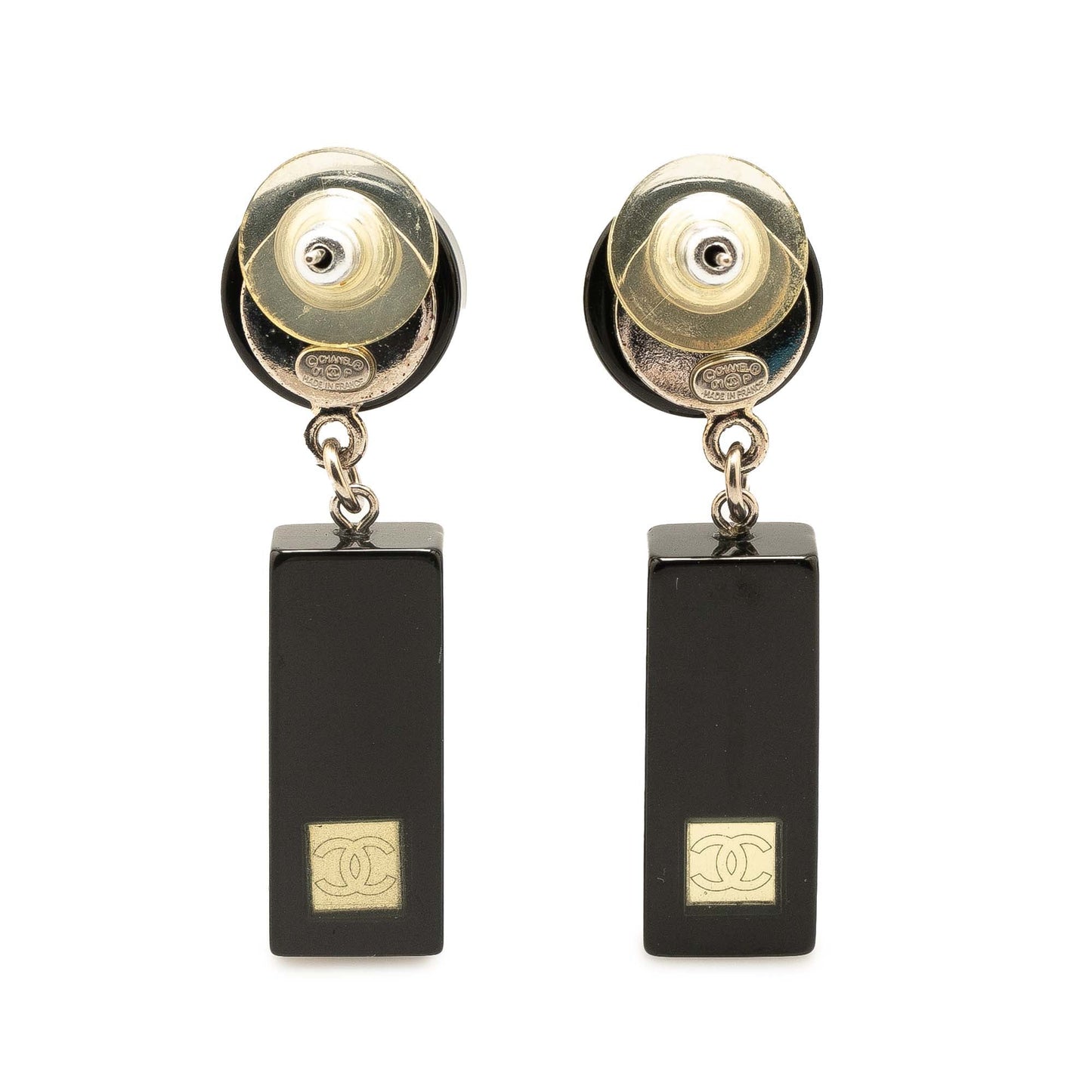 Black Chanel Resin CC Bar Drop Earrings