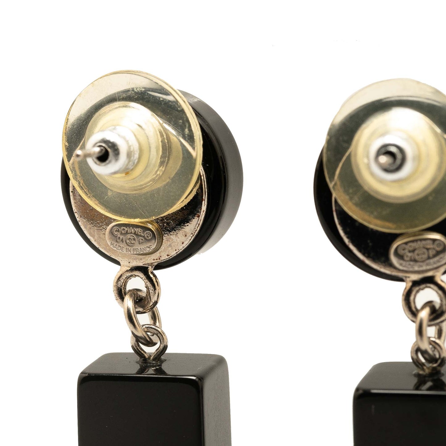 Black Chanel Resin CC Bar Drop Earrings