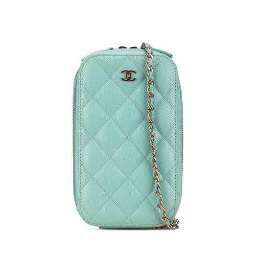 Blue Chanel CC Quilted Caviar Zip Phone Case Crossbody Bag