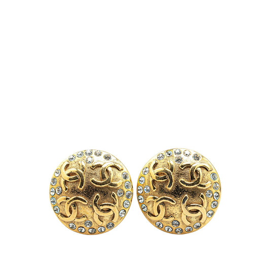 Gold Chanel Gold Plated Rhinestone CC Clip On Earrings