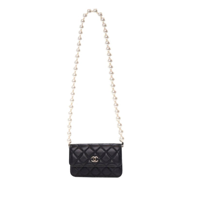 Black Chanel Quilted Calfskin Maxi Pearls Clutch With Chain Crossbody Bag