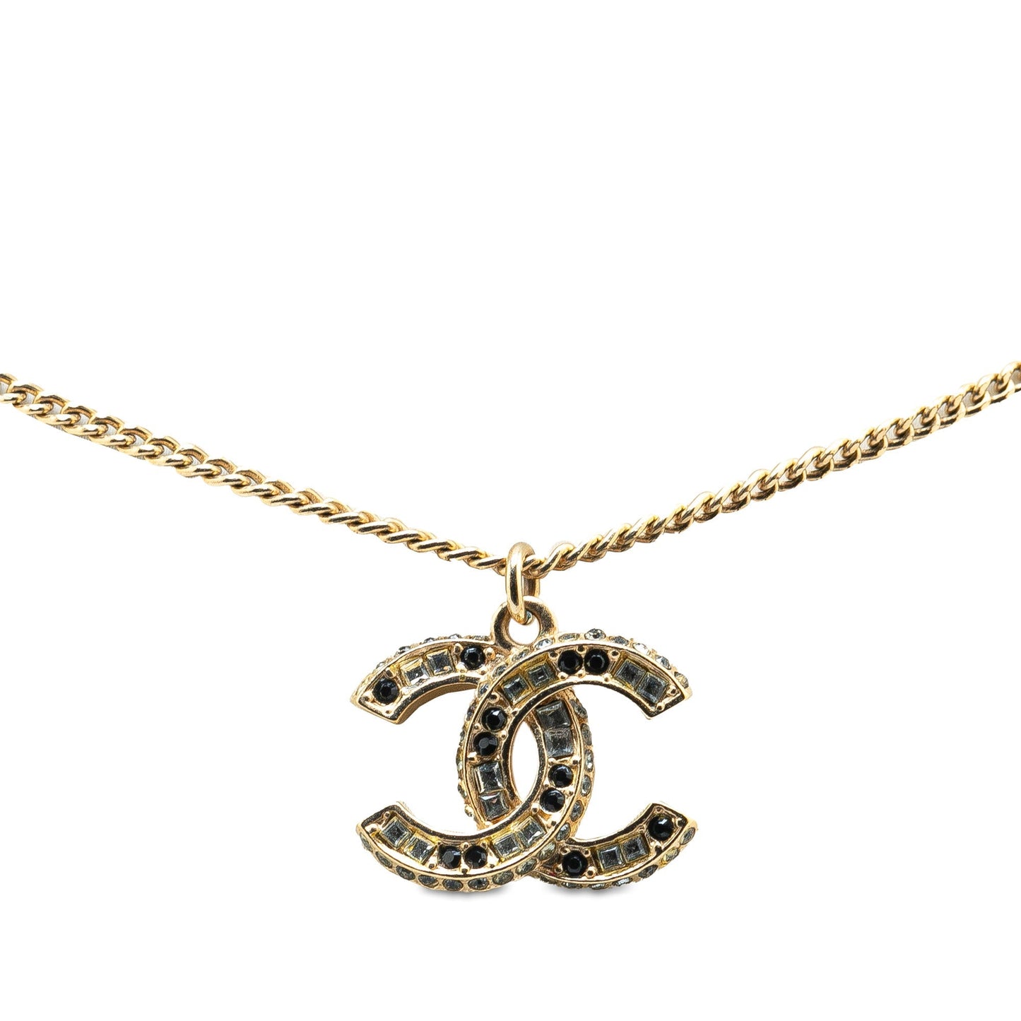 Gold Chanel Gold Plated CC Crystal Pendant Necklace