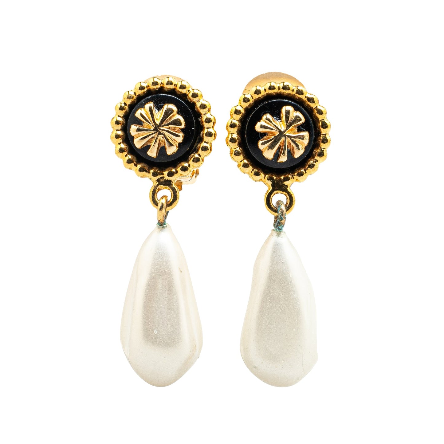 Gold Chanel Gold Plated Clover Faux Pearl Drop Earrings